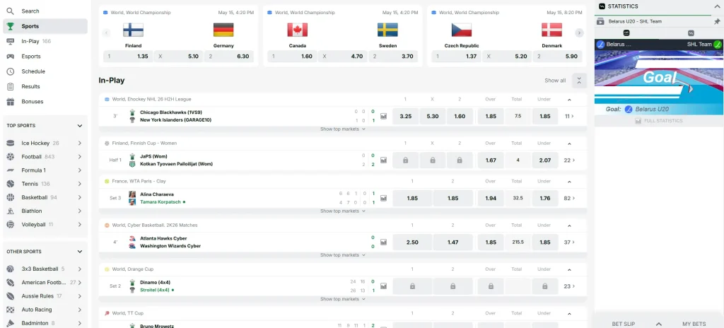 BVBet Casino live-vedonlyönti ja urheilutapahtumien kertoimet